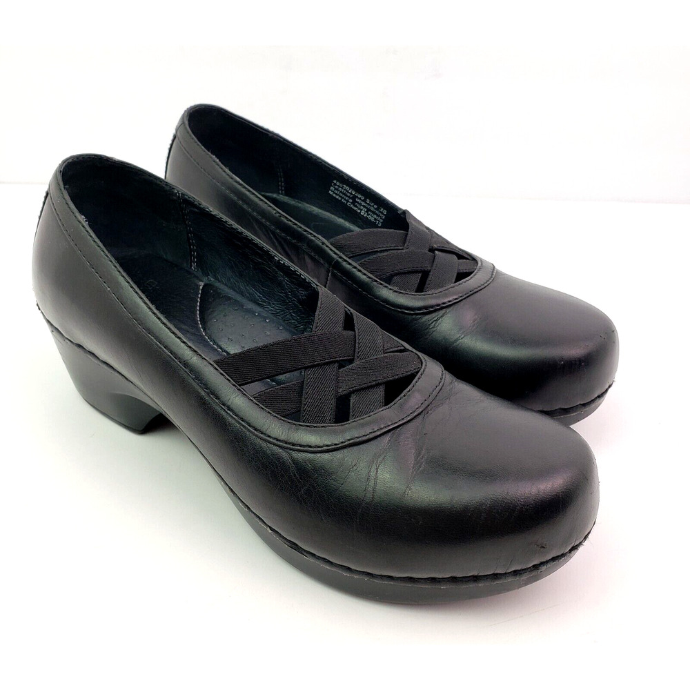 Dansko Black Leather Clogs with Cross-Strap Detail